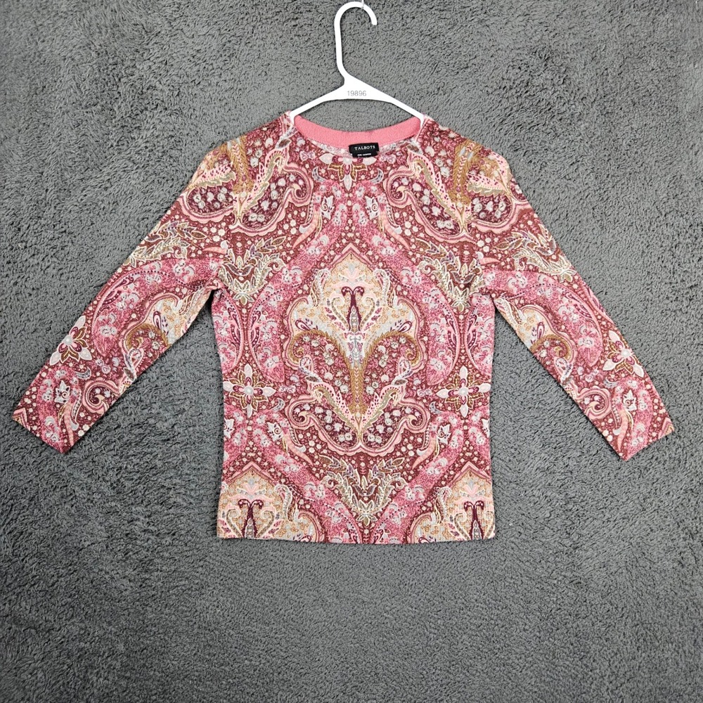 Talbots Pure Cashmere Sweater Womens XS‎ Pink Paisley Medallion 3/4 Sleeve